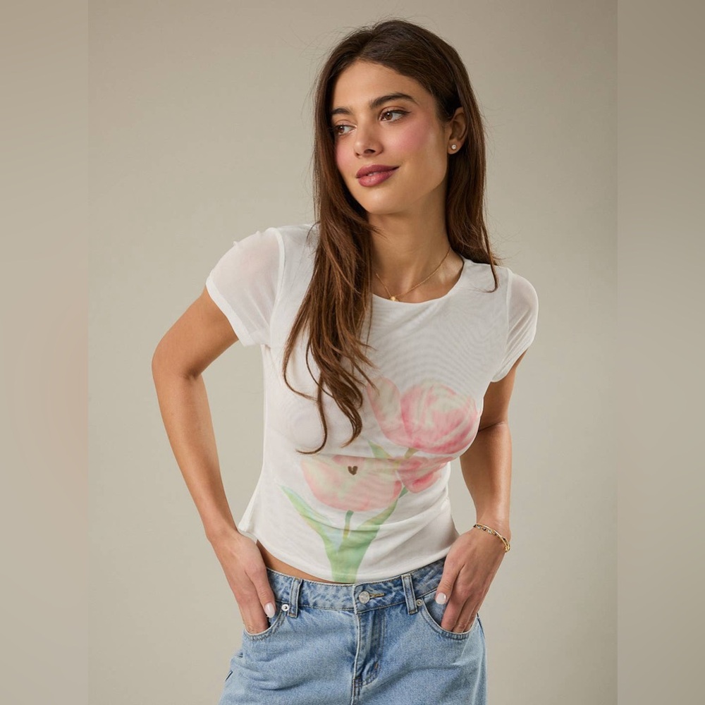 Boat Neck Floral Graphic Mesh Top - Sunday Edition